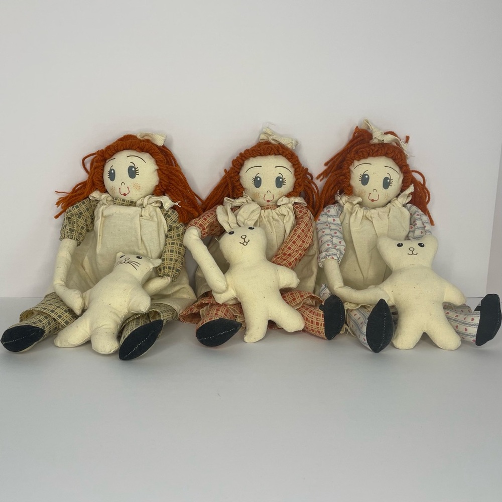 Folk Art Cloth Triplet Rag Dolls Girls with Red Hair and Bunny, Cat and Bear